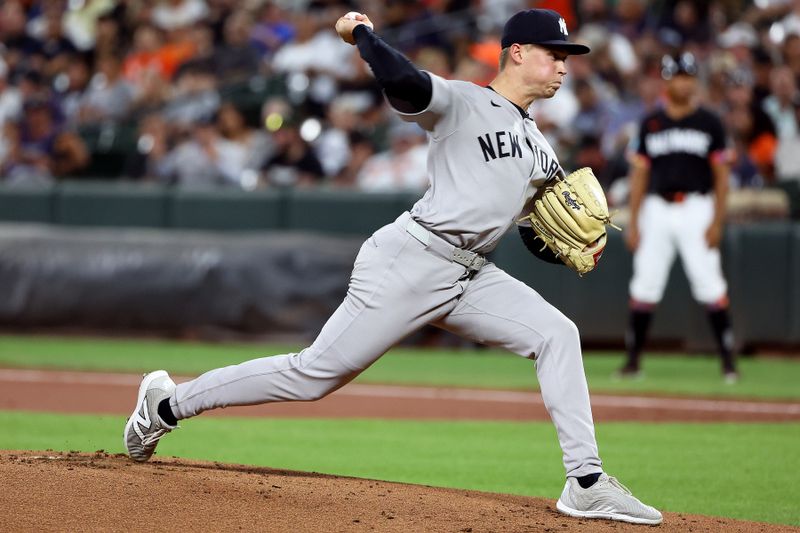 Sep 19, 2025; Baltimore, Maryland, USA; New York Yankees pitcher Will Warren (98) throws during the first inning against the Baltimore Orioles at Oriole Park at Camden Yards. Mandatory Credit: Daniel Kucin Jr.-Imagn Images