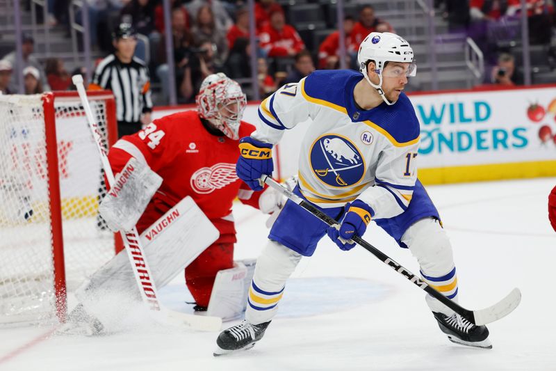 Apr 7, 2024; Detroit, Michigan, USA; Buffalo Sabres center Tyson Jost (17) looks for a pass in front of Detroit Red Wings goaltender Alex Lyon (34) in the first period at Little Caesars Arena. Mandatory Credit: Rick Osentoski-USA TODAY Sports