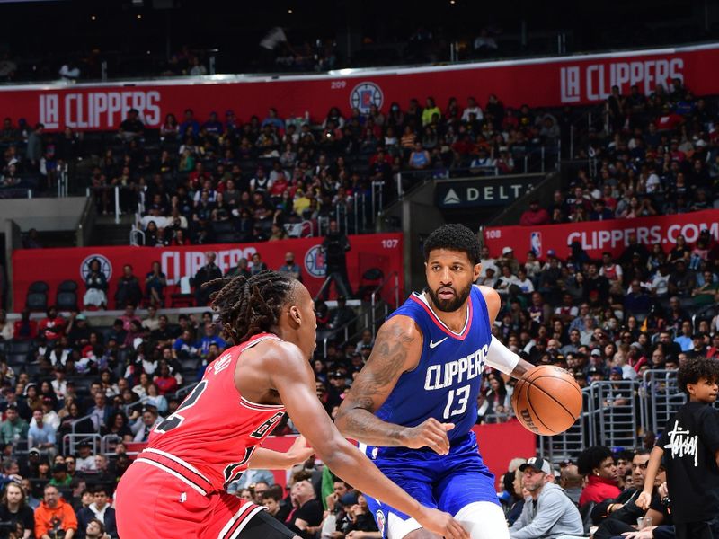 LOS ANGELES, CA - MARCH 9: Paul George #13 of the LA Clippers dribbles the ball during the game against the Chicago Bulls on March 9, 2024 at Crypto.Com Arena in Los Angeles, California. NOTE TO USER: User expressly acknowledges and agrees that, by downloading and/or using this Photograph, user is consenting to the terms and conditions of the Getty Images License Agreement. Mandatory Copyright Notice: Copyright 2024 NBAE (Photo by Adam Pantozzi/NBAE via Getty Images)