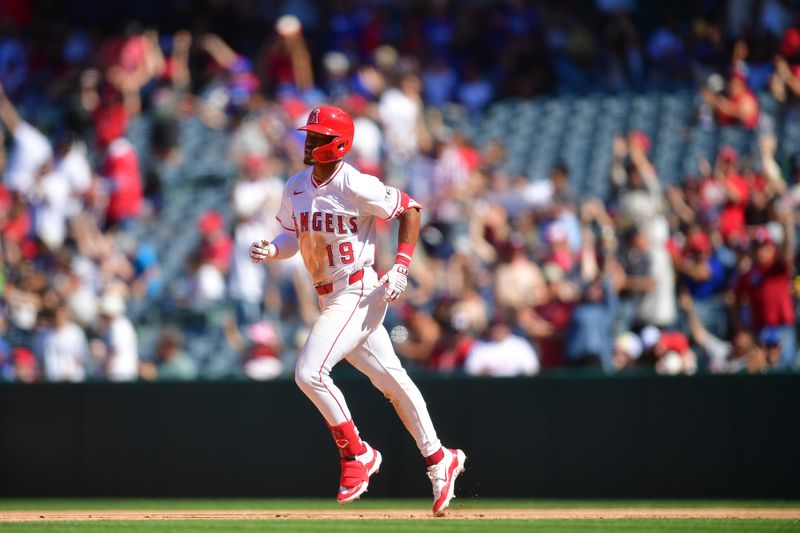 Apr 6, 2025; Anaheim, California, USA; Los Angeles Angels second baseman Kyren Paris (19) runs the bases after hitting a solo home run against the Cleveland Guardians during the eighth inning at Angel Stadium. Mandatory Credit: Gary A. Vasquez-Imagn Images