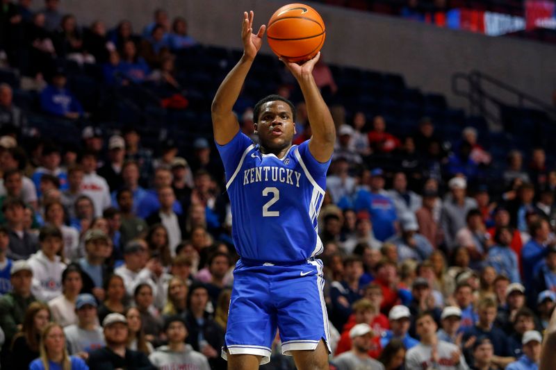 Jan 31, 2023; Oxford, Mississippi, USA; Kentucky Wildcats guard Sahvir Wheeler (2) attempts a three-point shot during the first half against the Mississippi Rebels at The Sandy and John Black Pavilion at Ole Miss. Mandatory Credit: Petre Thomas-USA TODAY Sports