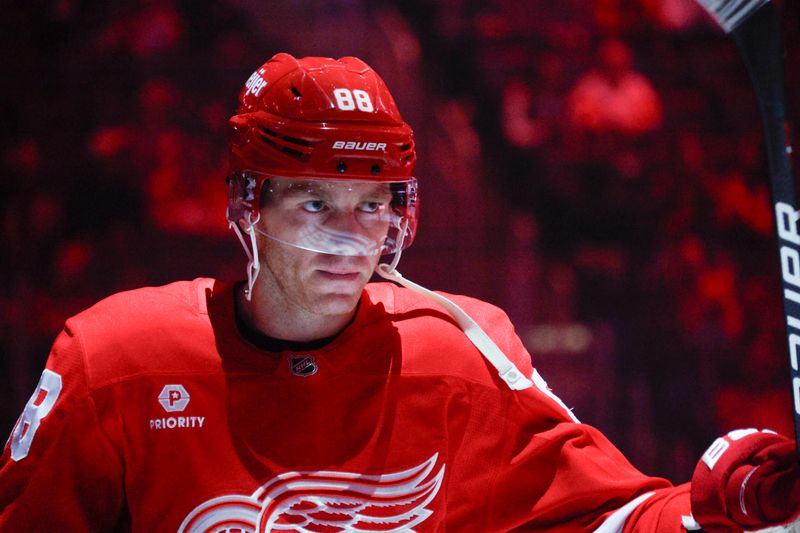 Oct 27, 2024; Detroit, Michigan, USA; Detroit Red Wings right wing Patrick Kane (88) looks on prior to the game against the Edmonton Oilers at Little Caesars Arena. Mandatory Credit: Brian Bradshaw Sevald-Imagn Images