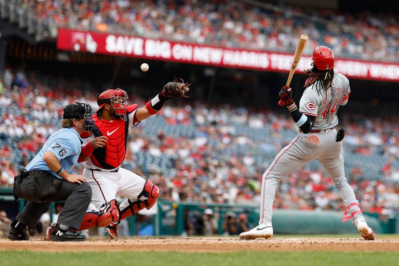Jul 21, 2024; Washington, District of Columbia, USA; Cincinnati Reds shortstop Elly De La Cruz (44) avoids a pitch by Washington Nationals pitcher Jake Irvin during an at-bat (not pictured) during the third inning at Nationals Park. Mandatory Credit: Geoff Burke-USA TODAY Sports
