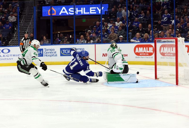 Dec 4, 2023; Tampa, Florida, USA; Tampa Bay Lightning center Luke Glendening (11) scores a goal past Dallas Stars defenseman Joel Hanley (44) on goaltender Jake Oettinger (29)  during the third period at Amalie Arena. Mandatory Credit: Kim Klement Neitzel-USA TODAY Sports