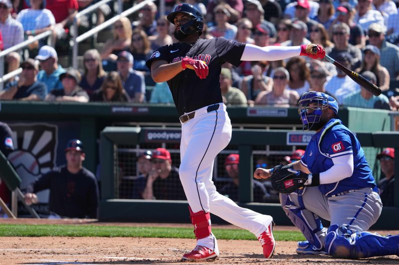 Mar 2, 2024; Goodyear, Arizona, USA; Cleveland Guardians right fielder Johnathan Rodriguez (67) bats against the Kansas City Royals during the first inning at Goodyear Ballpark. Mandatory Credit: Joe Camporeale-USA TODAY Sports