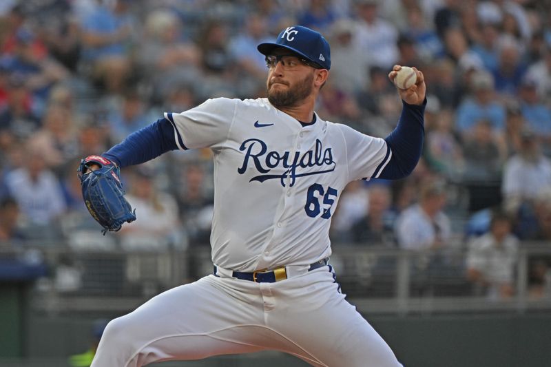 Jun 10, 2025; Kansas City, Missouri, USA;  Kansas City Royals starting pitcher Noah Cameron (65) throws a pitch in the first inning against the New York Yankees at Kauffman Stadium. Mandatory Credit: Peter Aiken-Imagn Images