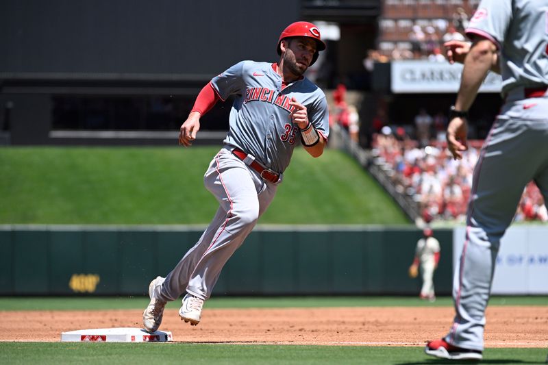 Jun 29, 2024; St. Louis, Missouri, USA; Cincinnati Reds catcher Austin Wynns (35) rounds third base to score off a ground rule double from second baseman Jonathan India (not shown) against the St. Louis Cardinals during the third inning at Busch Stadium. Mandatory Credit: Jeff Le-USA TODAY Sports