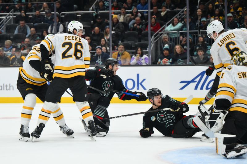 Jan 6, 2026; Seattle, Washington, USA; Seattle Kraken center Ben Meyers (59) celebrates after scoring a goal against the Boston Bruins during the second period at Climate Pledge Arena. Mandatory Credit: Steven Bisig-Imagn Images