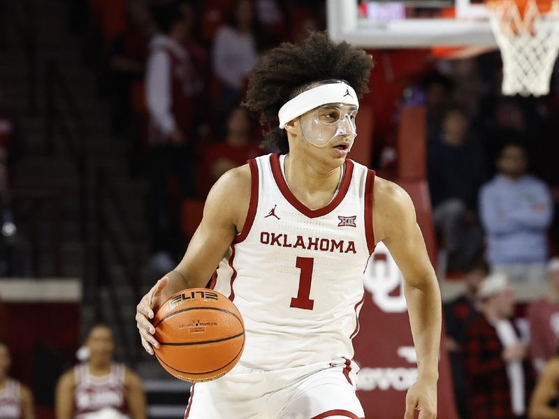 Dec 6, 2022; Norman, Oklahoma, USA; Oklahoma Sooners forward Jalen Hill (1) dribbles down the court against the Kansas City Roos during the second half at Lloyd Noble Center. Oklahoma won 75-53. Mandatory Credit: Alonzo Adams-USA TODAY Sports