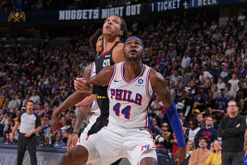 DENVER, CO - JANUARY 27: Paul Reed #44 of the Philadelphia 76ers boxes out during the game against the Denver Nuggets on January 27, 2024 at the Ball Arena in Denver, Colorado. NOTE TO USER: User expressly acknowledges and agrees that, by downloading and/or using this Photograph, user is consenting to the terms and conditions of the Getty Images License Agreement. Mandatory Copyright Notice: Copyright 2024 NBAE (Photo by Bart Young/NBAE via Getty Images)