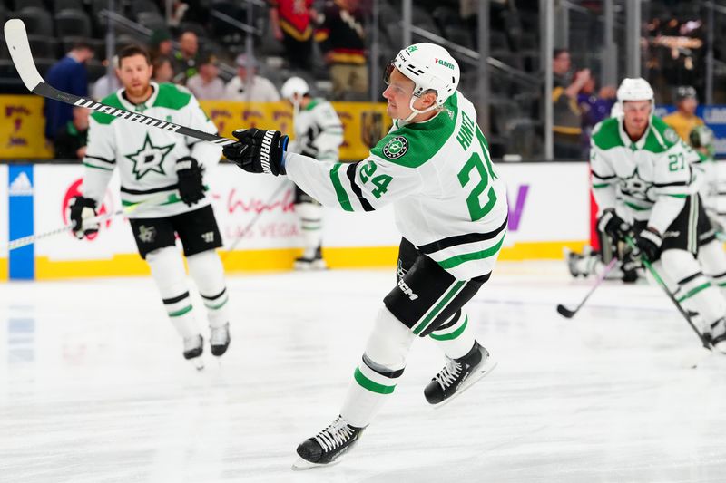 Oct 17, 2023; Las Vegas, Nevada, USA; Dallas Stars center Roope Hintz (24) warms up before a game against the Vegas Golden Knights at T-Mobile Arena. Mandatory Credit: Stephen R. Sylvanie-USA TODAY Sports