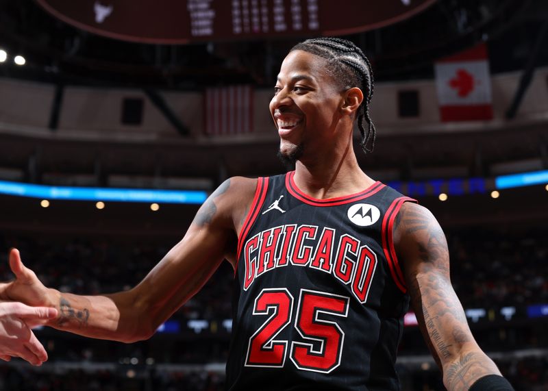 CHICAGO, IL - NOVEMBER 22: Dalen Terry #25 of the Chicago Bulls smiles during the game against the Atlanta Hawks during the Emirates NBA Cup game on November 22, 2024 at United Center in Chicago, Illinois. NOTE TO USER: User expressly acknowledges and agrees that, by downloading and or using this photograph, User is consenting to the terms and conditions of the Getty Images License Agreement. Mandatory Copyright Notice: Copyright 2024 NBAE (Photo by Jeff Haynes/NBAE via Getty Images)