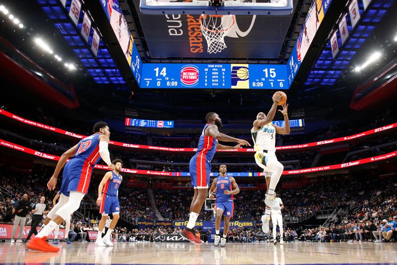 DETROIT, MI - JANUARY 16:  T.J. McConnell #9 of the Indiana Pacers shoots the ball during the game against the Detroit Pistons on January 16, 2025 at Little Caesars Arena in Detroit, Michigan. NOTE TO USER: User expressly acknowledges and agrees that, by downloading and/or using this photograph, User is consenting to the terms and conditions of the Getty Images License Agreement. Mandatory Copyright Notice: Copyright 2025 NBAE (Photo by Brian Sevald/NBAE via Getty Images)