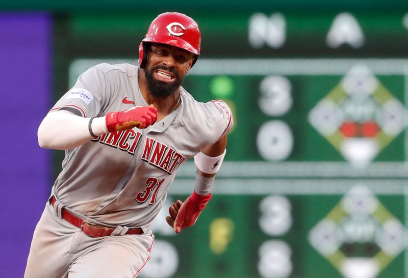 Aug 13, 2023; Pittsburgh, PA, USA; Cincinnati Reds right fielder Henry Ramos (31) runs from first base to third base against the Pittsburgh Pirates during the sixth inning at PNC Park. Mandatory Credit: Charles LeClaire-USA TODAY Sports