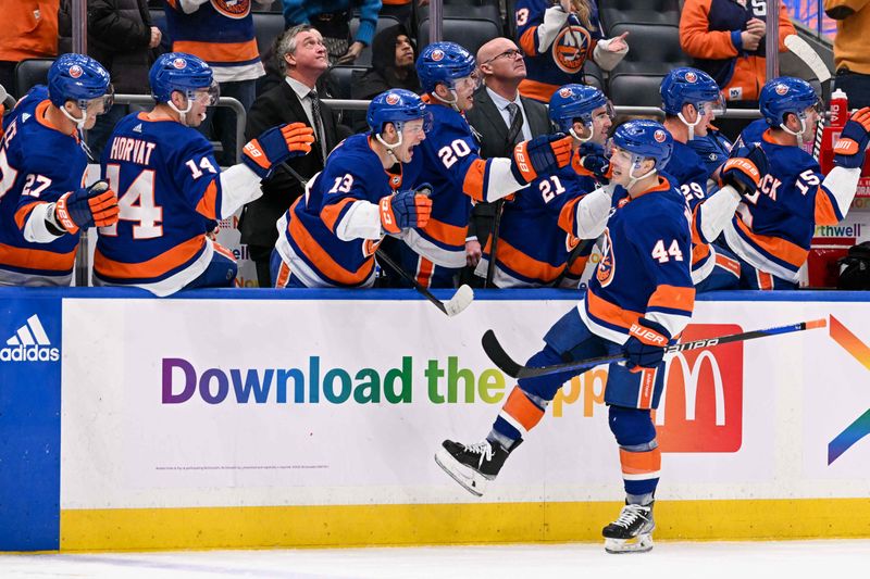 Jan 23, 2024; Elmont, New York, USA;  New York Islanders center Jean-Gabriel Pageau (44) celebrates his goal against the Vegas Golden Knights during the third period at UBS Arena. Mandatory Credit: Dennis Schneidler-USA TODAY Sports