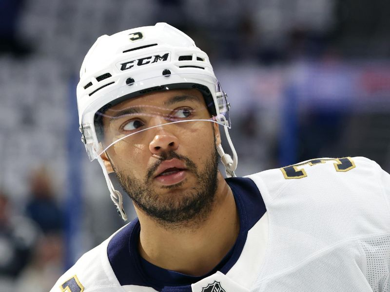 Apr 30, 2025; Tampa, Florida, USA; Florida Panthers defenseman Seth Jones (3) works out during warmups against the Tampa Bay Lightning prior to to game five of the first round of the 2025 Stanley Cup Playoffs at Amalie Arena. Mandatory Credit: Kim Klement Neitzel-Imagn Images