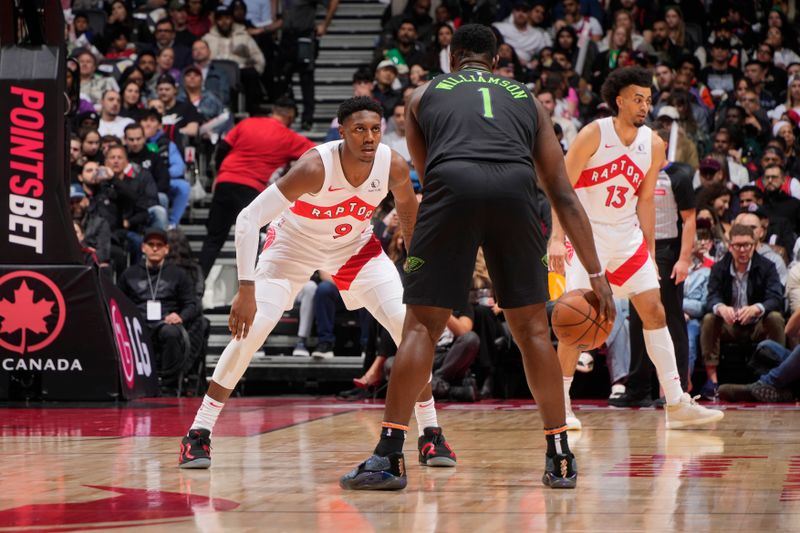 TORONTO, CANADA - MARCH 5: RJ Barrett #9 of the Toronto Raptors plays defense during the game  against Zion Williamson #1 of the New Orleans Pelicans  on March 5, 2024 at the Scotiabank Arena in Toronto, Ontario, Canada.  NOTE TO USER: User expressly acknowledges and agrees that, by downloading and or using this Photograph, user is consenting to the terms and conditions of the Getty Images License Agreement.  Mandatory Copyright Notice: Copyright 2024 NBAE (Photo by Mark Blinch/NBAE via Getty Images)