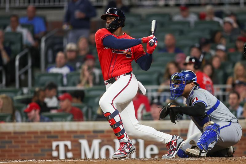 Sep 27, 2024; Atlanta, Georgia, USA; Atlanta Braves right fielder Jorge Soler (2) hits a single against the Kansas City Royals in the fourth inning at Truist Park. Mandatory Credit: Brett Davis-Imagn Images