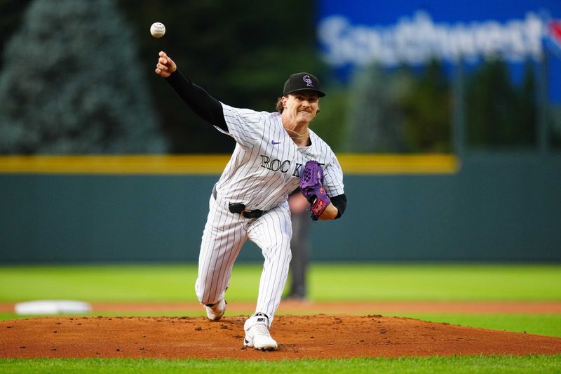 Aug 7, 2024; Denver, Colorado, USA; Colorado Rockies starting pitcher Ryan Feltner (18) delivers a pitch in the first inning against the New York Mets at Coors Field. Mandatory Credit: Ron Chenoy-USA TODAY Sports