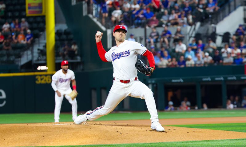 Aug 6, 2024; Arlington, Texas, USA; Texas Rangers starting pitcher Tyler Mahle (51) throws during the first inning against the Houston Astros at Globe Life Field. Mandatory Credit: Kevin Jairaj-USA TODAY Sports