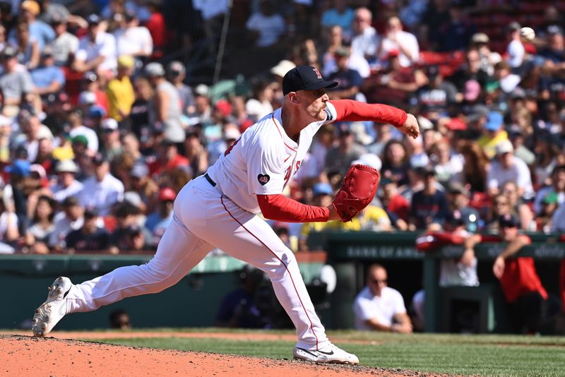 Aug 11, 2024; Boston, Massachusetts, USA; Boston Red Sox pitcher Cam Booser (71)  pitches against the Houston Astros during the seventh inning at Fenway Park. Mandatory Credit: Eric Canha-USA TODAY Sports