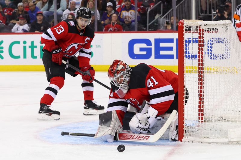 Feb 23, 2023; Newark, New Jersey, USA; New Jersey Devils goaltender Vitek Vanecek (41) makes a save against the Los Angeles Kings during the third period at Prudential Center. Mandatory Credit: Ed Mulholland-USA TODAY Sports