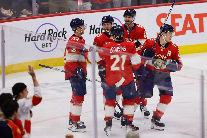 Apr 11, 2024; Sunrise, Florida, USA; Florida Panthers left wing Matthew Tkachuk (19) celebrates after scoring against the Columbus Blue Jackets during the first period at Amerant Bank Arena. Mandatory Credit: Sam Navarro-USA TODAY Sports