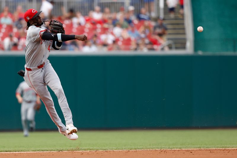Jul 20, 2024; Washington, District of Columbia, USA; Cincinnati Reds shortstop Elly De La Cruz (44) makes a throw to first base on a ground ball hit by Washington Nationals shortstop CJ Abrams (not pictured) during the first inning at Nationals Park. Mandatory Credit: Geoff Burke-USA TODAY Sports