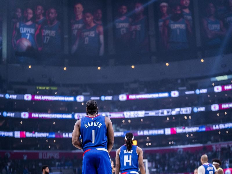 LOS ANGELES, CA - APRIL 12: James Harden #1 of the LA Clippers looks on during the game against the Utah Jazz on April 12, 2024 at Crypto.Com Arena in Los Angeles, California. NOTE TO USER: User expressly acknowledges and agrees that, by downloading and/or using this Photograph, user is consenting to the terms and conditions of the Getty Images License Agreement. Mandatory Copyright Notice: Copyright 2024 NBAE (Photo by Tyler Ross/NBAE via Getty Images)