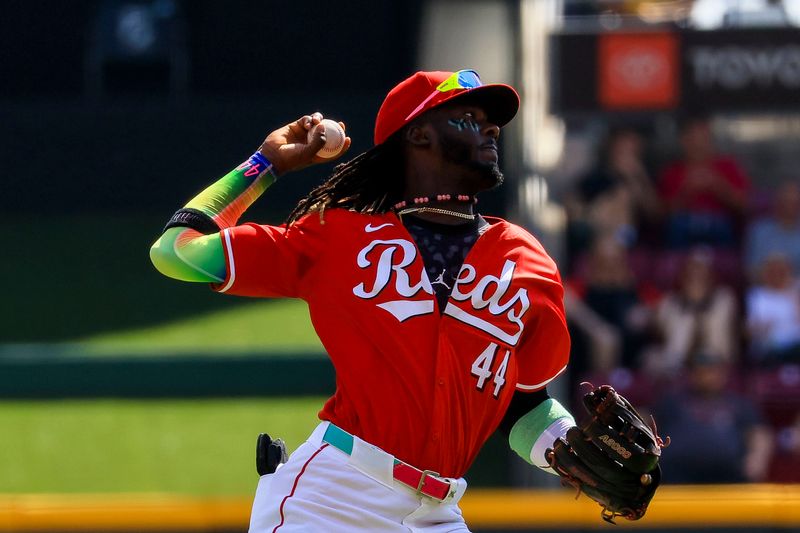 Sep 21, 2024; Cincinnati, Ohio, USA; Cincinnati Reds shortstop Elly De La Cruz (44) throws to first to get Pittsburgh Pirates third baseman Isiah Kiner-Falefa (not pictured) out in the first inning at Great American Ball Park. Mandatory Credit: Katie Stratman-Imagn Images