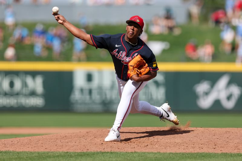 Mar 7, 2026; North Port, Florida, USA; Atlanta Braves pitcher Didier Fuentes (72) throws a pitch against the Baltimore Orioles in the seventh inning during spring Training at CoolToday Park. Mandatory Credit: Nathan Ray Seebeck-Imagn Images