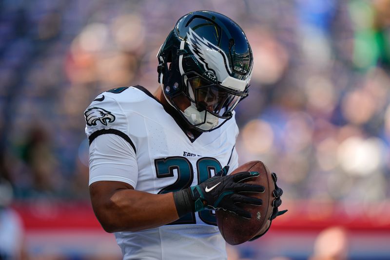 Philadelphia Eagles running back Saquon Barkley (26) warms up before playing against the New York Giants in an NFL football game, Sunday, Oct. 20, 2024, in East Rutherford, N.J. (AP Photo/Frank Franklin II)