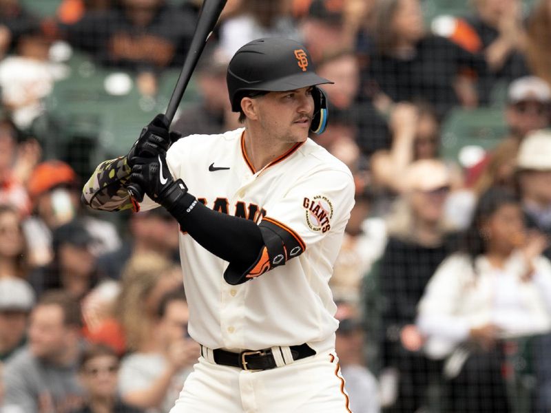 May 20, 2023; San Francisco, California, USA; San Francisco Giants catcher Patrick Bailey (14) steps into the batter s box for his first big league at bat during the second inning against the Miami Marlins at Oracle Park. Mandatory Credit: D. Ross Cameron-USA TODAY Sports