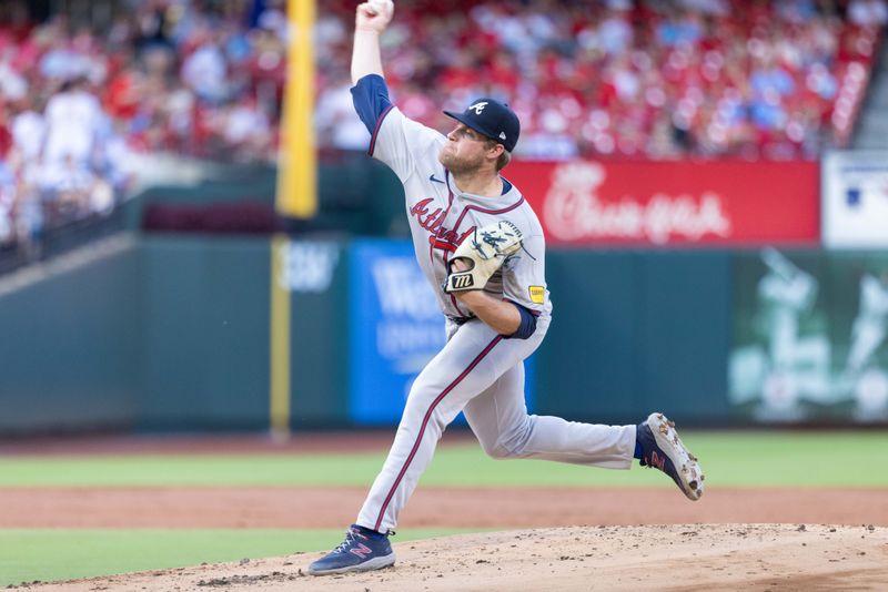 Jun 26, 2024; St. Louis, Missouri, USA; Atlanta Braves pitcher Bryce Elder (55) starts against the St. Louis Cardinals in the first inning at Busch Stadium. Mandatory Credit: Zach Dalin-USA TODAY Sports