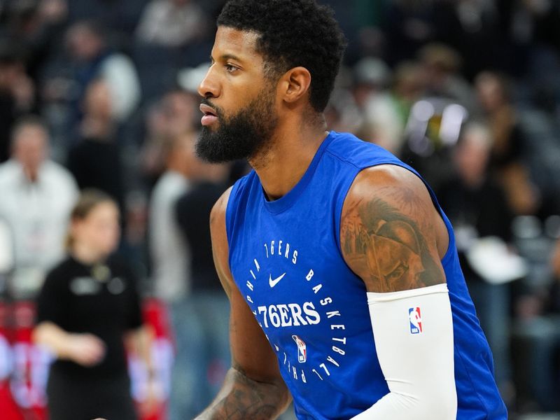 MINNEAPOLIS, MN -  MARCH 4: Paul George #8 of the Philadelphia 76ers warms up before the game against the Minnesota Timberwolves on March 4, 2025 at Target Center in Minneapolis, Minnesota. NOTE TO USER: User expressly acknowledges and agrees that, by downloading and or using this Photograph, user is consenting to the terms and conditions of the Getty Images License Agreement. Mandatory Copyright Notice: Copyright 2025 NBAE (Photo by Jordan Johnson/NBAE via Getty Images)