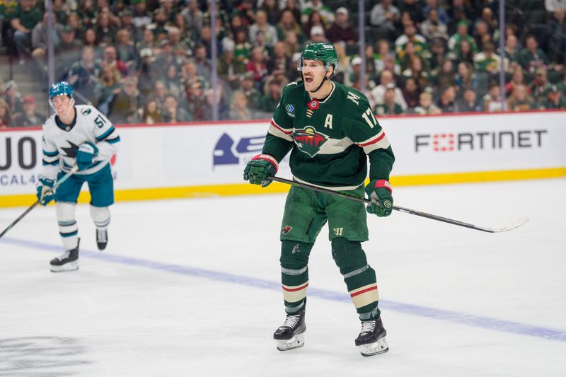 Nov 11, 2025; Saint Paul, Minnesota, USA; Minnesota Wild left wing Marcus Foligno (17) reacts in the first period against the San Jose Sharks at Grand Casino Arena. Mandatory Credit: Matt Blewett-Imagn Images