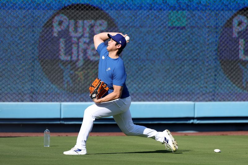 Oct 20, 2024; Los Angeles, California, USA; Los Angeles Dodgers designated hitter Shohei Ohtani (17) warms up before game six against the New York Mets in the NLCS for the 2024 MLB playoffs at Dodger Stadium. Mandatory Credit: Kiyoshi Mio-Imagn Images