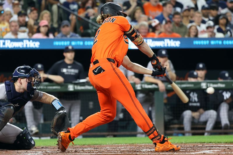 Sep 20, 2025; Baltimore, Maryland, USA; Baltimore Orioles shortstop Gunnar Henderson (2) hits a single during the first inning against the New York Yankees at Oriole Park at Camden Yards. Mandatory Credit: Daniel Kucin Jr.-Imagn Images
