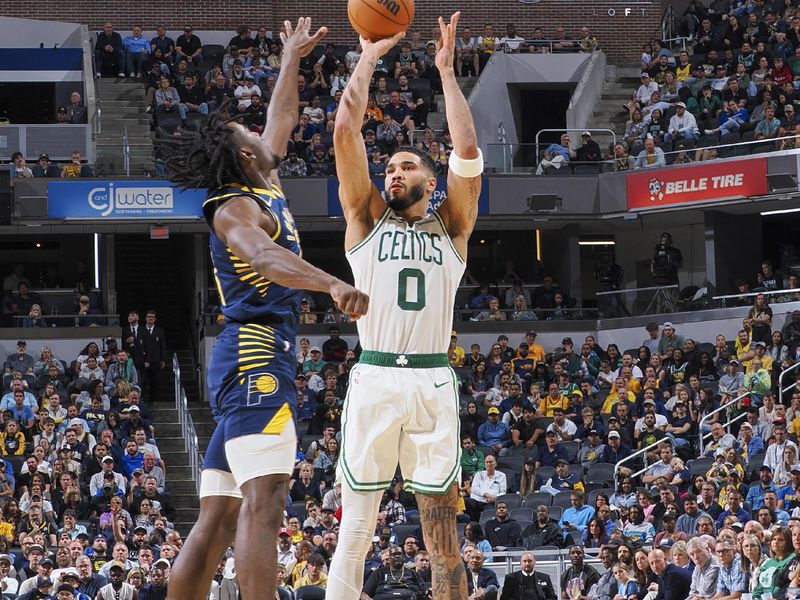 INDIANAPOLIS, IN - OCTOBER 30: Jayson Tatum #0 of the Boston Celtics shoots a three point basket during the game on October 30, 2024 at Gainbridge Fieldhouse in Indianapolis, Indiana. NOTE TO USER: User expressly acknowledges and agrees that, by downloading and or using this Photograph, user is consenting to the terms and conditions of the Getty Images License Agreement. Mandatory Copyright Notice: Copyright 2024 NBAE (Photo by Ron Hoskins/NBAE via Getty Images)