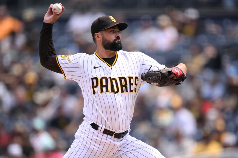 Aug 19, 2023; San Diego, California, USA; San Diego Padres starting pitcher Matt Waldron (61) throws a pitch against the Arizona Diamondbacks during the first inning at Petco Park. Mandatory Credit: Orlando Ramirez-USA TODAY Sports 