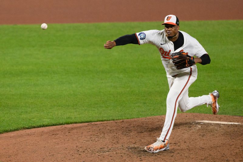 Apr 30, 2025; Baltimore, Maryland, USA; Baltimore Orioles pitcher Yennier Cano (78) throws a pitch during the seventh inning against the New York Yankees at Oriole Park at Camden Yards. Mandatory Credit: Reggie Hildred-Imagn Images