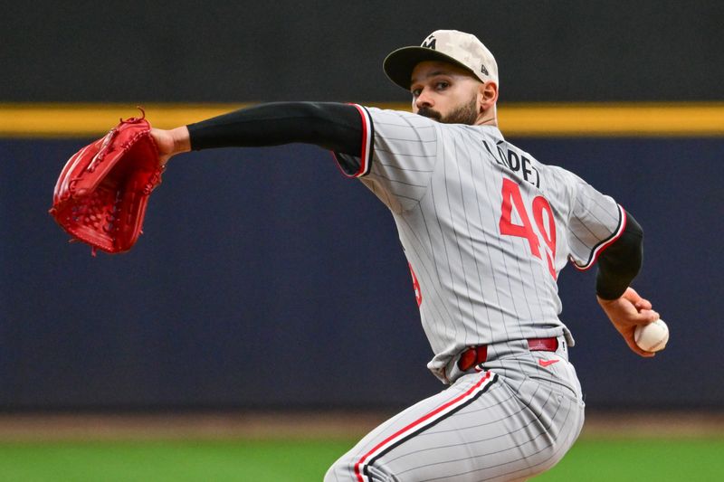 May 17, 2025; Milwaukee, Wisconsin, USA; Minnesota Twins starting pitcher Pablo Lopez (49) throws a pitch in the first inning against the Milwaukee Brewers at American Family Field. Mandatory Credit: Benny Sieu-Imagn Images