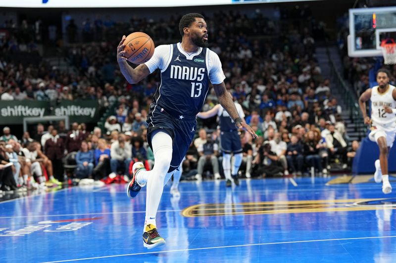 DALLAS, TX - November 19: Naji Marshall #13 of the Dallas Mavericks dribbles the ball during the NBA Cup game against the New Orleans Pelicans on November 19, 2024 at American Airlines Center in Dallas, Texas. NOTE TO USER: User expressly acknowledges and agrees that, by downloading and or using this photograph, User is consenting to the terms and conditions of the Getty Images License Agreement. Mandatory Copyright Notice: Copyright 2024 NBAE (Photo by Glenn James/NBAE via Getty Images)