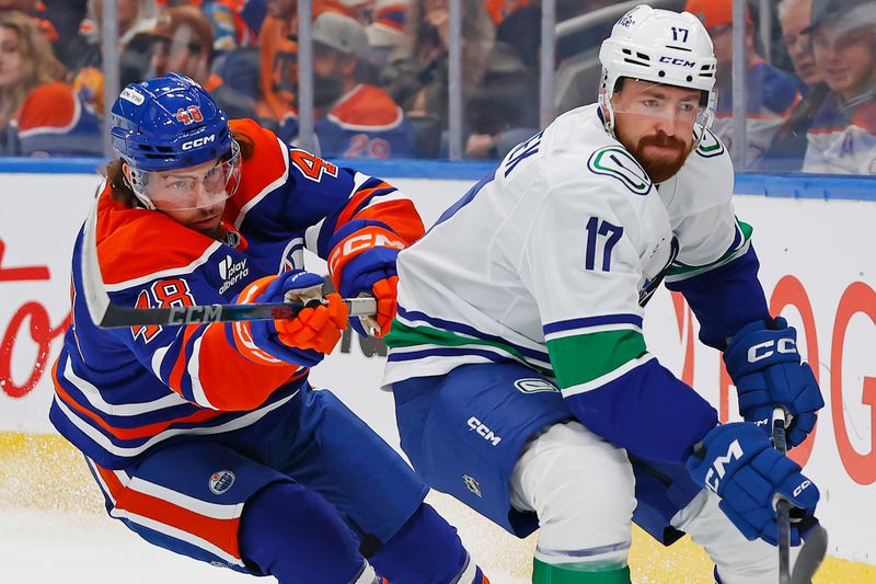 Oct 11, 2025; Edmonton, Alberta, CAN; Edmonton Oilers forward Kasperi Kapanen (42) and Vancouver Canucks defensemen Filip Hornek (17) chases a loose puck during the first period at Rogers Place. Mandatory Credit: Perry Nelson-Imagn Images