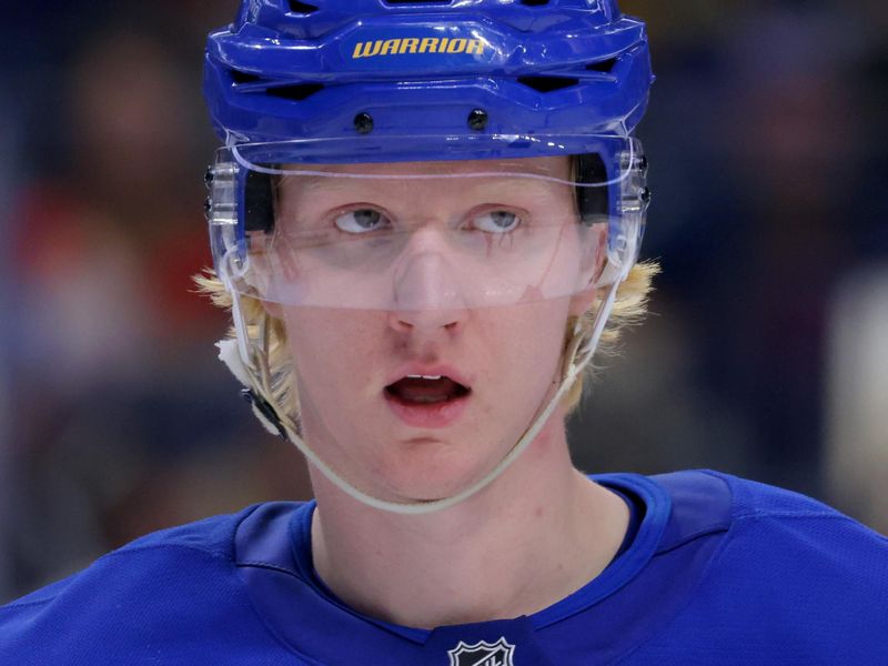 Nov 14, 2024; Buffalo, New York, USA;  Buffalo Sabres defenseman Rasmus Dahlin (26) during a stoppage in play against the St. Louis Blues during the third period at KeyBank Center. Mandatory Credit: Timothy T. Ludwig-Imagn Images