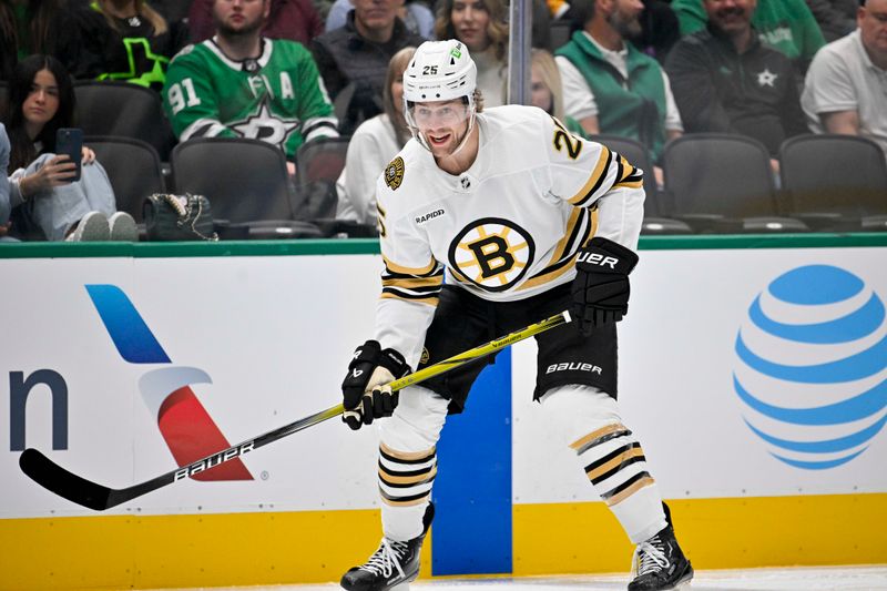 Nov 6, 2023; Dallas, Texas, USA; Boston Bruins defenseman Brandon Carlo (25) skates against the Dallas Stars during the first period at the American Airlines Center. Mandatory Credit: Jerome Miron-USA TODAY Sports