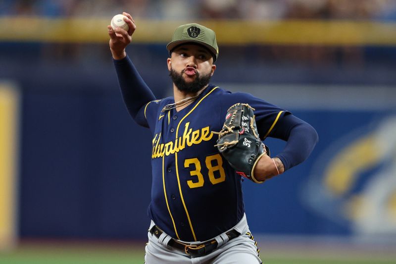 May 21, 2023; St. Petersburg, Florida, USA;  Milwaukee Brewers relief pitcher Devin Williams (38) throws a pitch against the Tampa Bay Rays in the eighth inning at Tropicana Field. Mandatory Credit: Nathan Ray Seebeck-USA TODAY Sports