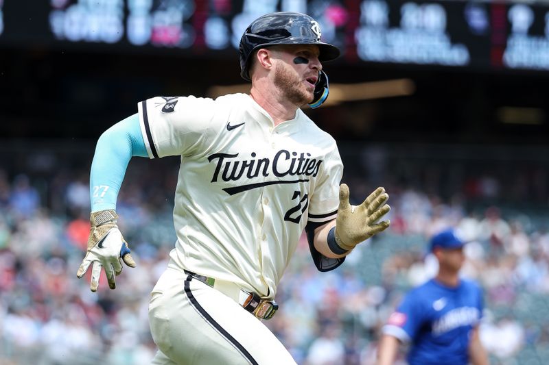 May 25, 2025; Minneapolis, Minnesota, USA; Minnesota Twins catcher Ryan Jeffers (27) runs the bases after hitting a double against the Kansas City Royals during the first inning at Target Field. Mandatory Credit: Matt Krohn-Imagn Images