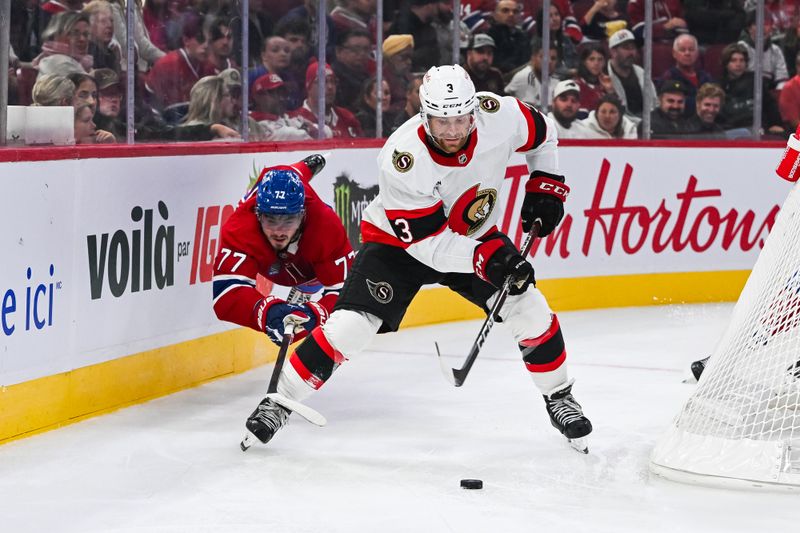 Oct 1, 2024; Montreal, Quebec, CAN; Montreal Canadiens center Kirby Dach (77) takes a plunge trying to defend the puck against Ottawa Senators defenseman Nick Jensen (3) during the second period at Bell Centre. Mandatory Credit: David Kirouac-Imagn Images