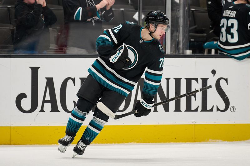 Mar 21, 2024; San Jose, California, USA; San Jose Sharks left wing William Eklund (72) reacts after scoring a goal against the Tampa Bay Lightning during the first period at SAP Center at San Jose. Mandatory Credit: Robert Edwards-USA TODAY Sports